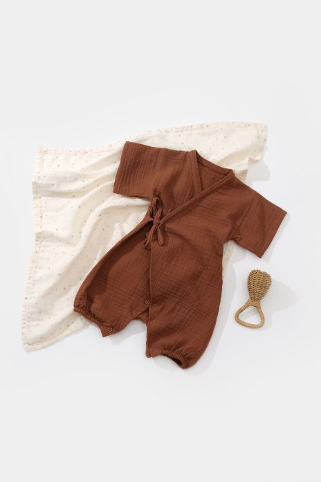 Salopeta petrecuta din muselina, babycosy, 100% bumbac organic, caramiziu - imagine produs HeiBebe.ro [2]