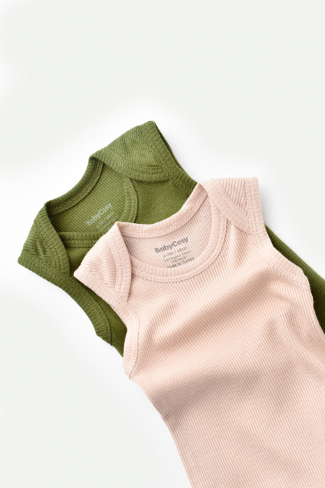 Set 2 body-uri fara maneci bebe unisex din bumbac organic si modal - verde/blush, babycosy - imagine produs HeiBebe.ro [2]