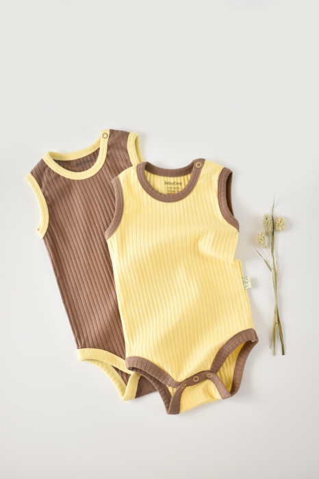 Set 2 body-uri fara maneci ribana bebe unisex din bumbac organic si 5%elastan - vanilie/maro babycosy - imagine produs HeiBebe.ro [3]