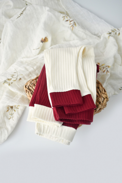 Set 2 pantaloni ribana bebe unisex din bumbac organic si 5%elastan - ecru/bordo, babycosy - imagine produs HeiBebe.ro [7]