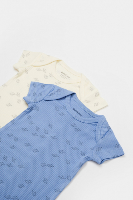 Set 2 salopete scurte printed, babycosy, 50% modal+50% bumbac, ecru/lavanda - imagine produs HeiBebe.ro [2]