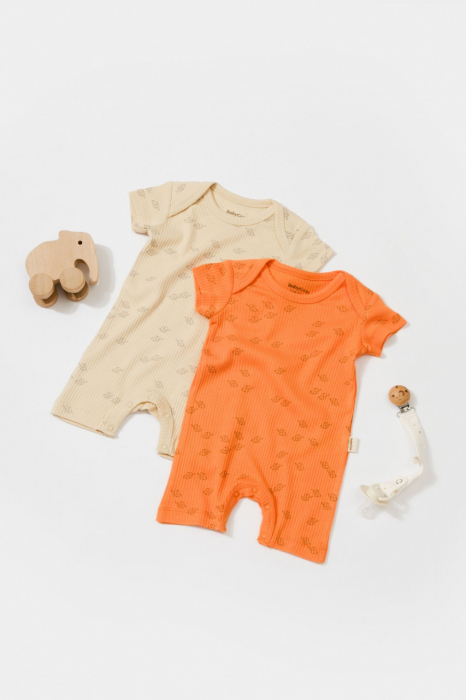 Set 2 salopete scurte printed, babycosy, 50% modal+50% bumbac, stone/apricot - imagine produs HeiBebe.ro [3]