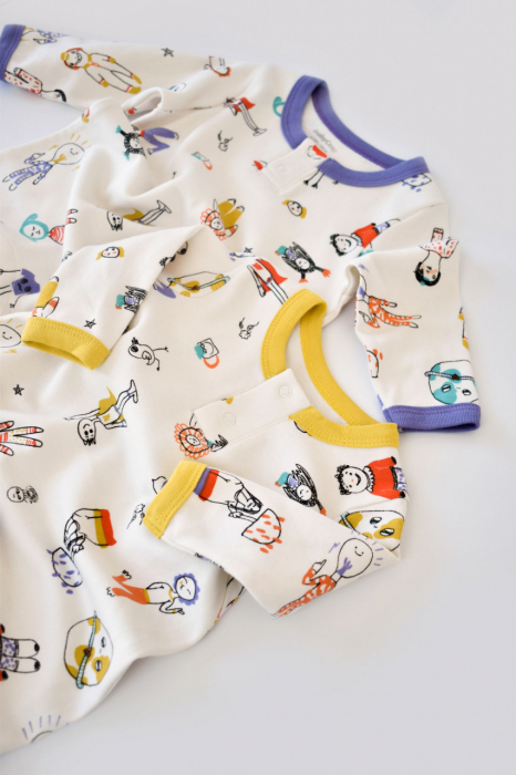 Set 2 salopetele cu maneca lunga si pantaloni lungi - 100%bumbac organic - galben si mov, babycosy - imagine produs HeiBebe.ro [2]