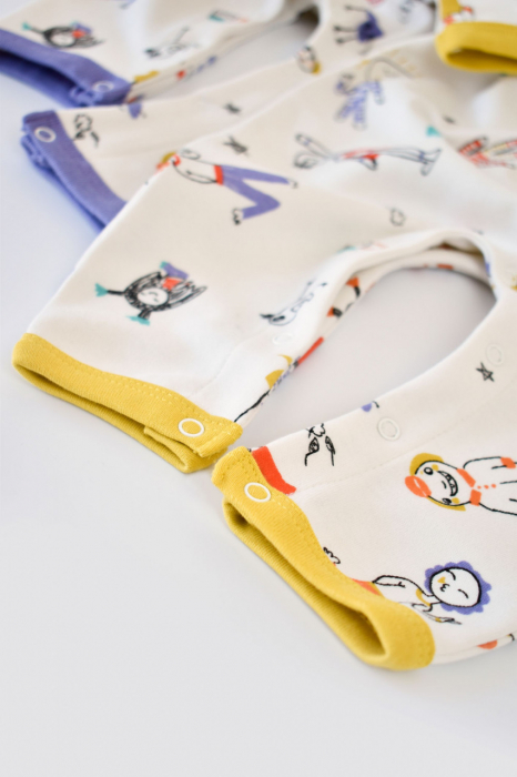Set 2 salopetele cu maneca lunga si pantaloni lungi - 100%bumbac organic - galben si mov, babycosy - imagine produs HeiBebe.ro [7]