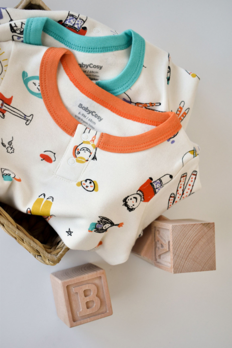 Set 2 salopetele cu maneca lunga si pantaloni lungi - 100%bumbac organic - portocaliu si verde, babycosy - imagine produs HeiBebe.ro [6]
