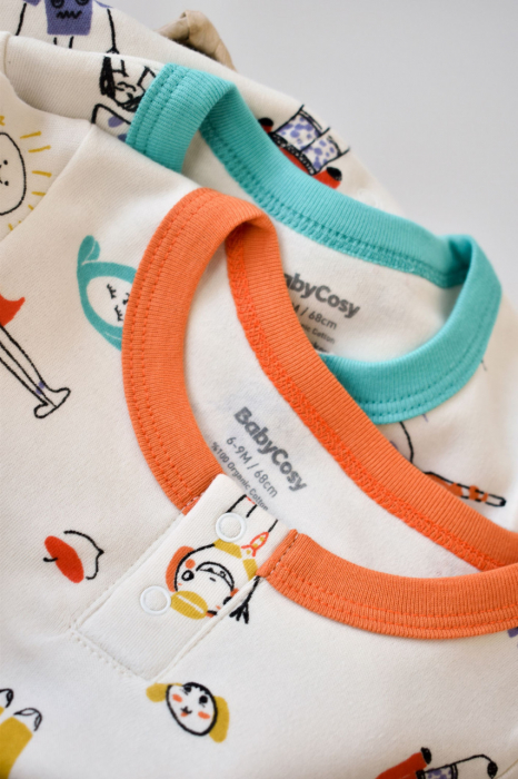 Set 2 salopetele cu maneca lunga si pantaloni lungi - 100%bumbac organic - portocaliu si verde, babycosy - imagine produs HeiBebe.ro [5]