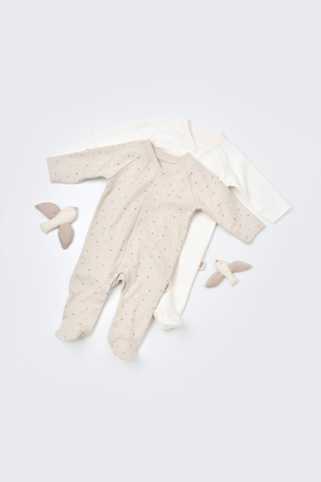 Set 2 salopetele cu maneca lunga si pantaloni lungi cu botosei - 100%bumbac organic - crem cu buline, babycosy - imagine produs HeiBebe.ro [1]