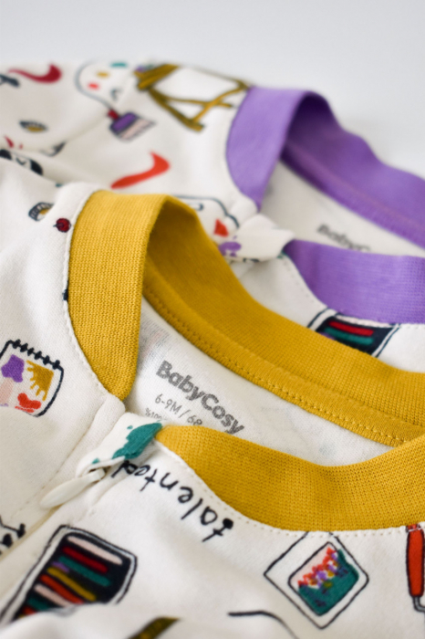 Set 2 salopetele cu maneca lunga si pantaloni lungi cu fermoar - 100%bumbac organic - galben si mov, babycosy - imagine produs HeiBebe.ro [5]