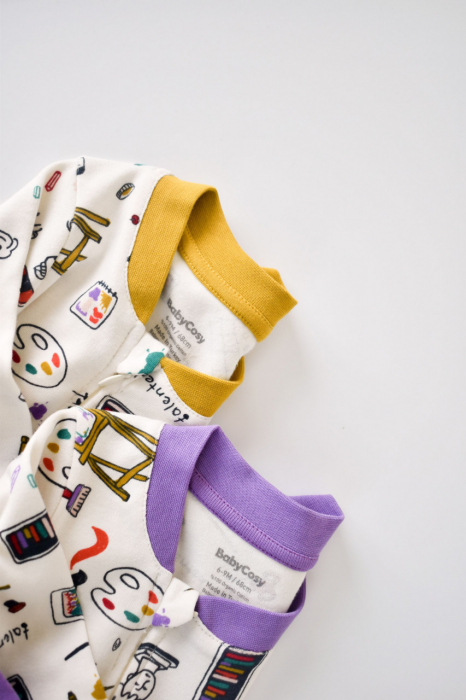 Set 2 salopetele cu maneca lunga si pantaloni lungi cu fermoar - 100%bumbac organic - galben si mov, babycosy - imagine produs HeiBebe.ro [4]