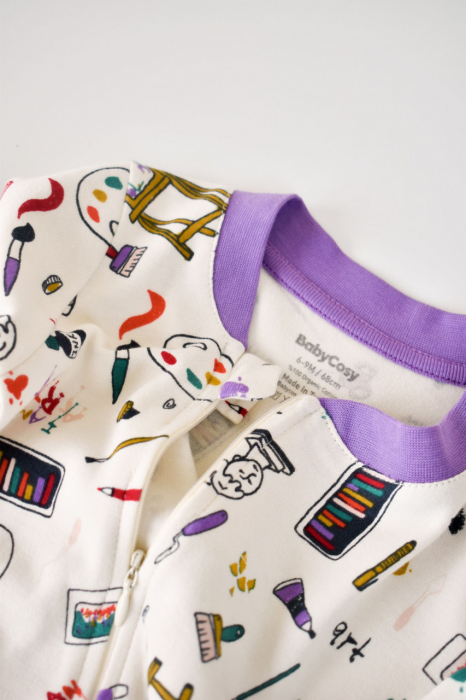 Set 2 salopetele cu maneca lunga si pantaloni lungi cu fermoar - 100%bumbac organic - galben si mov, babycosy - imagine produs HeiBebe.ro [7]