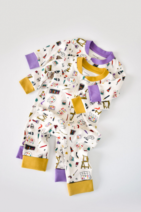 Set 2 salopetele cu maneca lunga si pantaloni lungi cu fermoar - 100%bumbac organic - galben si mov, babycosy - imagine produs HeiBebe.ro [1]