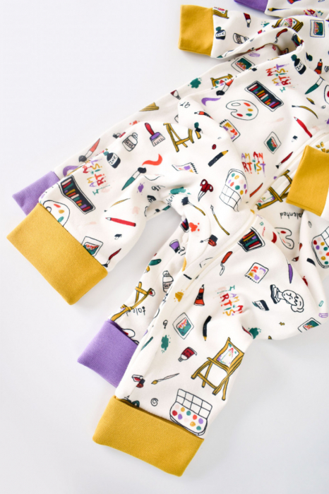 Set 2 salopetele cu maneca lunga si pantaloni lungi cu fermoar - 100%bumbac organic - galben si mov, babycosy - imagine produs HeiBebe.ro [2]