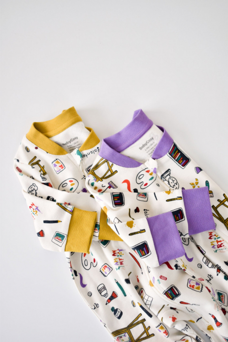 Set 2 salopetele cu maneca lunga si pantaloni lungi cu fermoar - 100%bumbac organic - galben si mov, babycosy - imagine produs HeiBebe.ro [3]