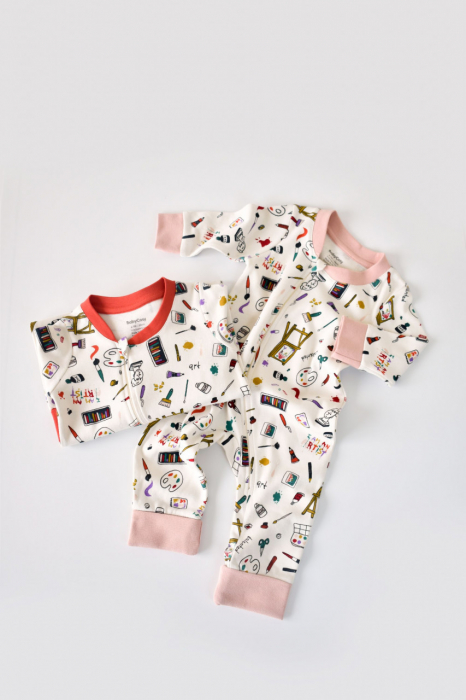 Set 2 salopetele cu maneca lunga si pantaloni lungi cu fermoar - 100%bumbac organic - portocaliu si pudra, babycosy - imagine produs HeiBebe.ro [7]