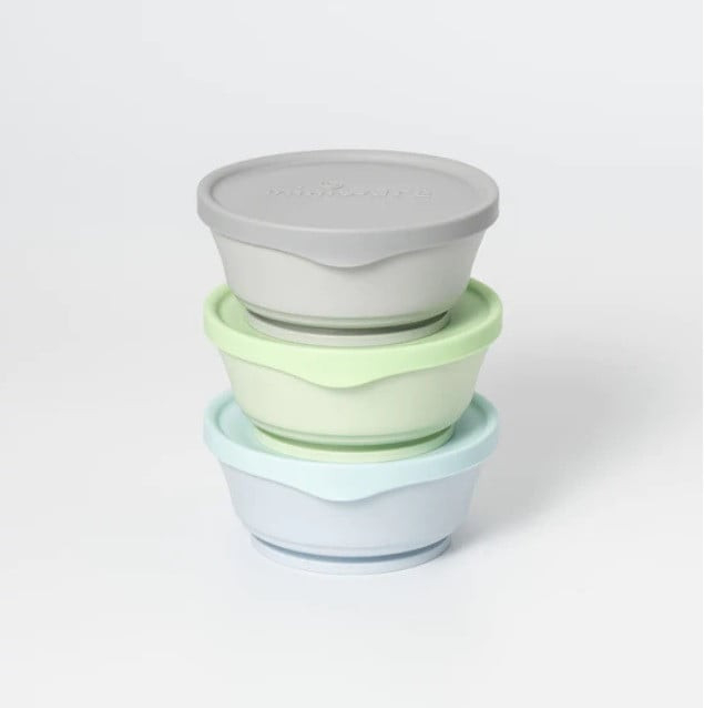 Set 3 boluri cu capac hrana bebelusi miniware, 100% din materiale naturale biodegradabile, aqua+grey+keylime - imagine produs HeiBebe.ro [1]