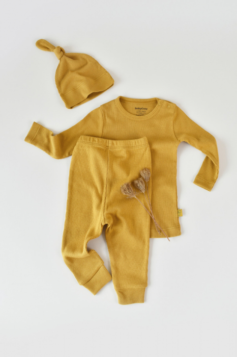 Set 3 piese: bluzita cu maneca lunga, pantaloni lungi si caciulita din bumbac organic si modal - sofran, babycosy - imagine produs HeiBebe.ro [2]