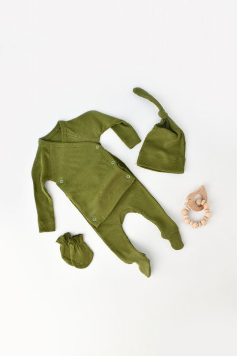 Set 4 piese: bluza, pantaloni, caciulita si manusi din bumbac organic si modal - verde, babycosy - imagine produs HeiBebe.ro [1]