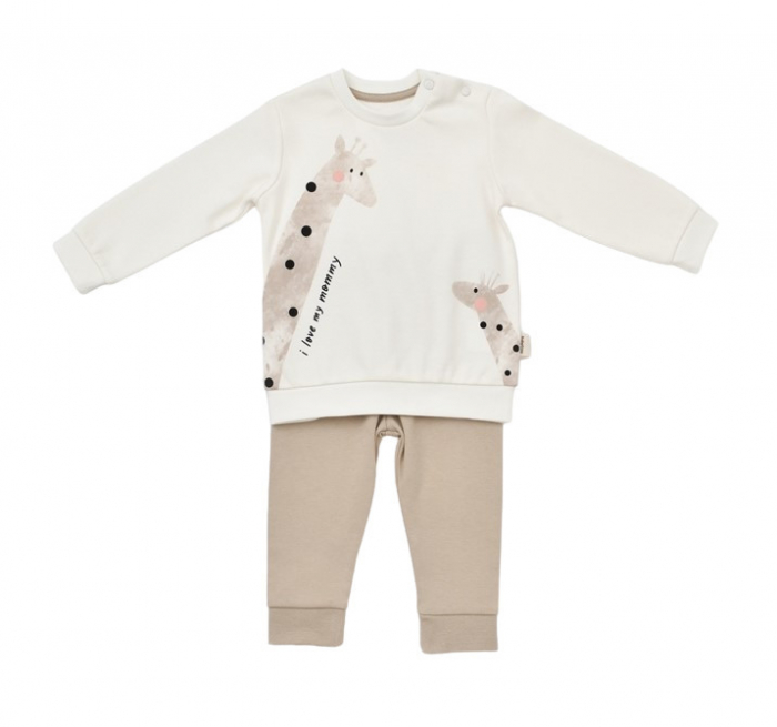 Set bluzita cu maneca lunga si pantaloni lungi girafa, babycosy, 100% bumbac organic, ecru - imagine produs HeiBebe.ro [1]