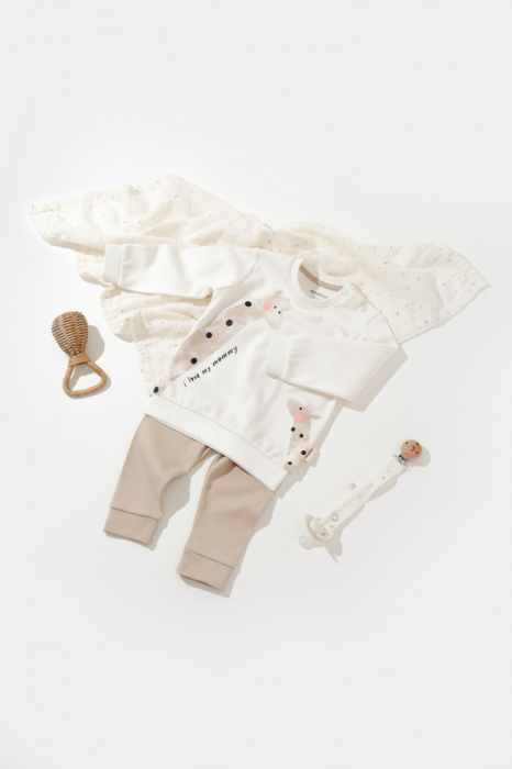 Set bluzita cu maneca lunga si pantaloni lungi girafa, babycosy, 100% bumbac organic, ecru - imagine produs HeiBebe.ro [2]