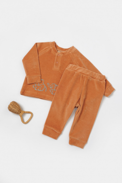 Set bluzita si pantaloni elefant, 80%bumbac organic si 20% poliester - caramiziu, babycosy - imagine produs HeiBebe.ro [1]