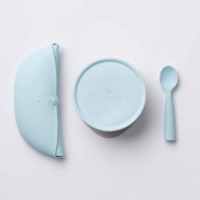 Set diversificare hrana bebelusi miniware first bites, 100% din materiale naturale biodegradabile, 4 piese, aqua - imagine produs HeiBebe.ro [4]
