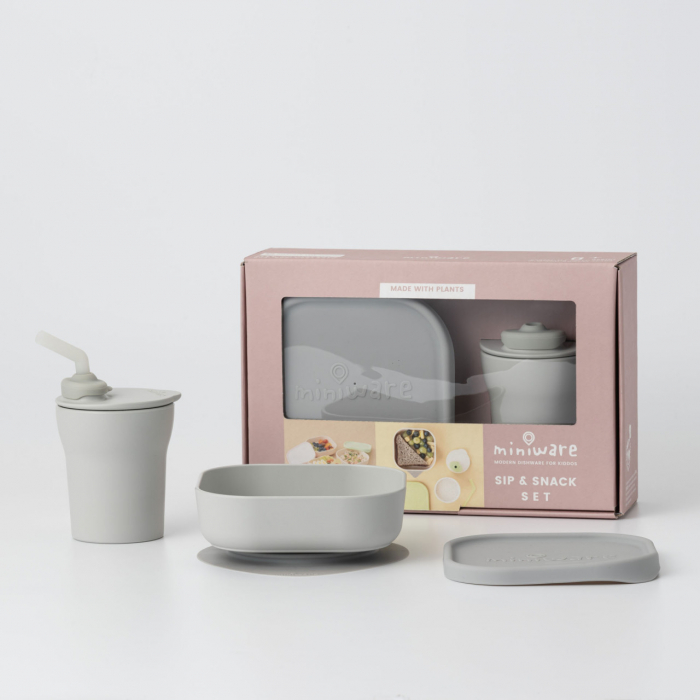 Set diversificare hrana bebelusi miniware sip&snack, 100% din materiale naturale biodegradabile, 3 piese, grey - imagine produs HeiBebe.ro [1]