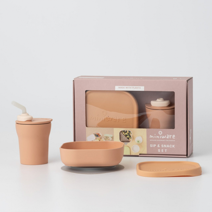 Set diversificare hrana bebelusi miniware sip&snack, 100% din materiale naturale biodegradabile, 3 piese, toffee - imagine produs HeiBebe.ro [1]
