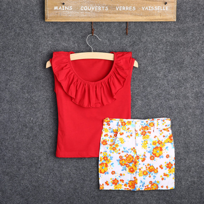 Set tricou rosu cu volanas si fusta cu floricele - imagine produs HeiBebe.ro [2]