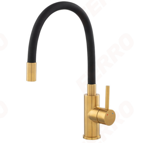 Baterii sanitare , accesorii - FERRO BATERIE BUCATARIE CU PIPA FLEXIBILA NEAGRA ZUMBA INOX AURIU