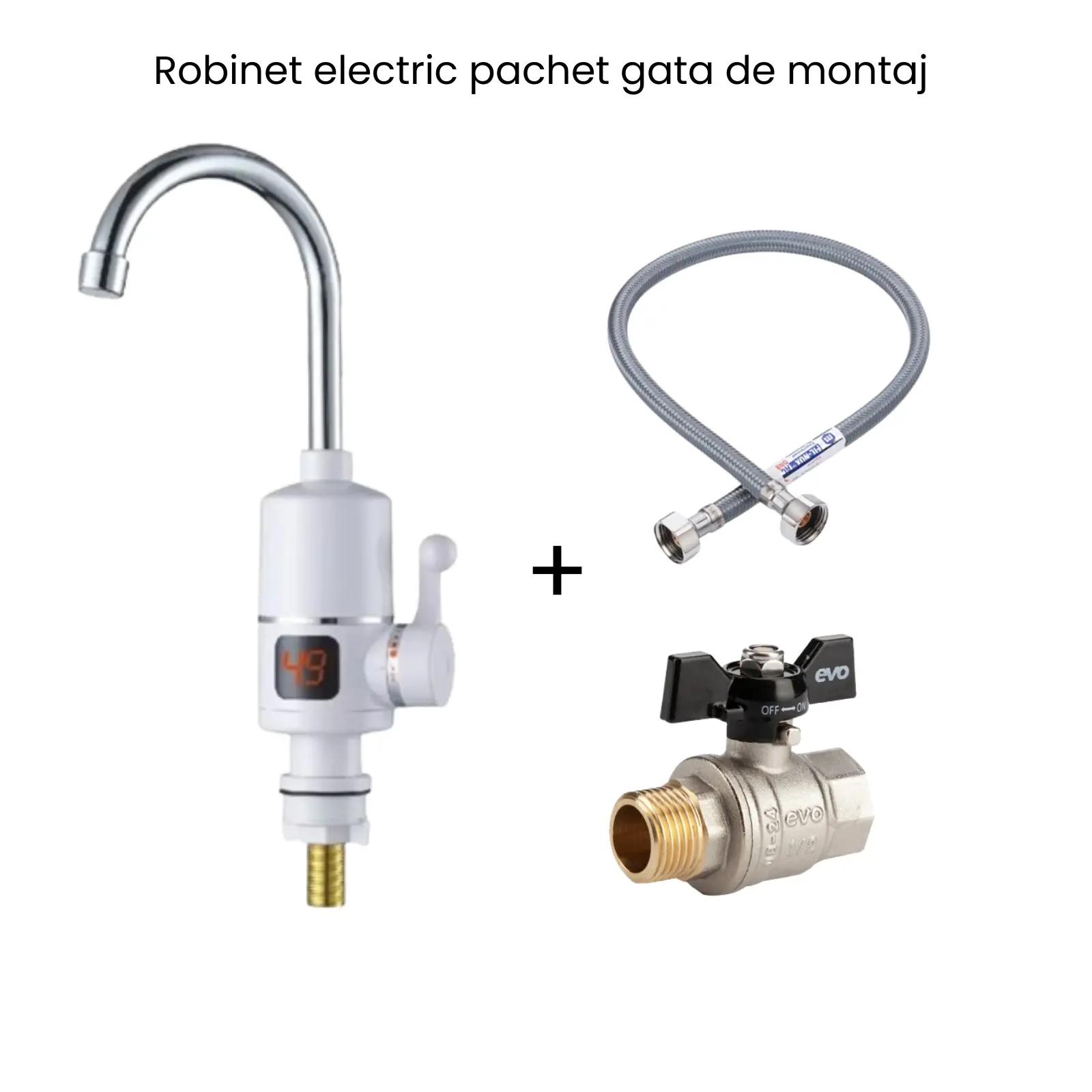 Baterii sanitare , accesorii - Pachet robinet electric instant apă caldă + racord flexibil 1/2x40cm + robinet trecere 1/2 – instalare rapidă și mentenanță ușoară | Comanda acum !