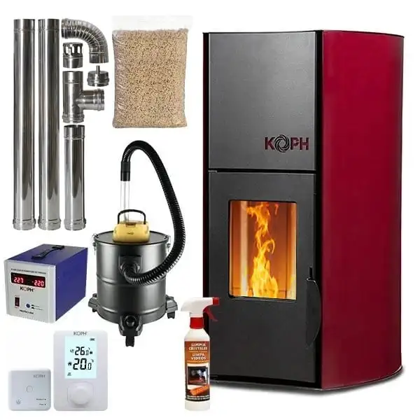 Surse de încălzire - Pachet Termosemineu pe Peleti KOPH PM 12 kW, pentru 80 mp, Buncăr 12 Kg, Vas Expansiune și Pompă Incluse, Bordo + Accesorii