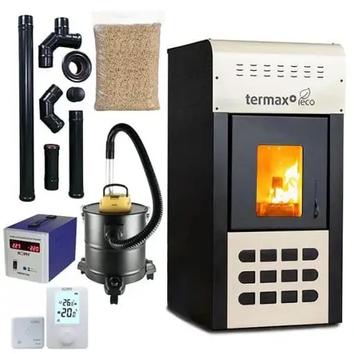 Surse de încălzire - Pachet termosemineu pe peleți Termax Kamin ECO 25 kW – încălzire până la 160 mp, cu vas expansiune, pompă recirculare și accesorii incluse