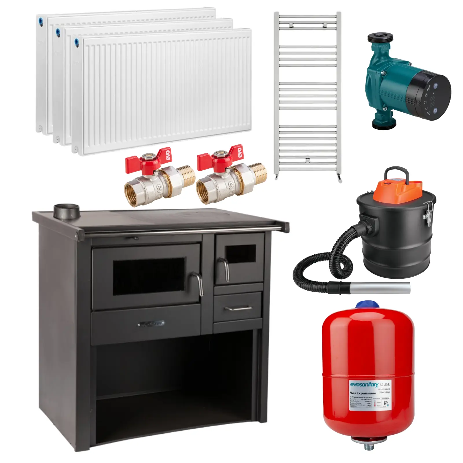 Termosobe pe lemne - Pachet Termosobă pe lemne 12.05 kW cu cuptor, plită și 3 calorifere, vas expansiune, pompă recirculare, aspirator cenușă – încălzire completă 85 m²