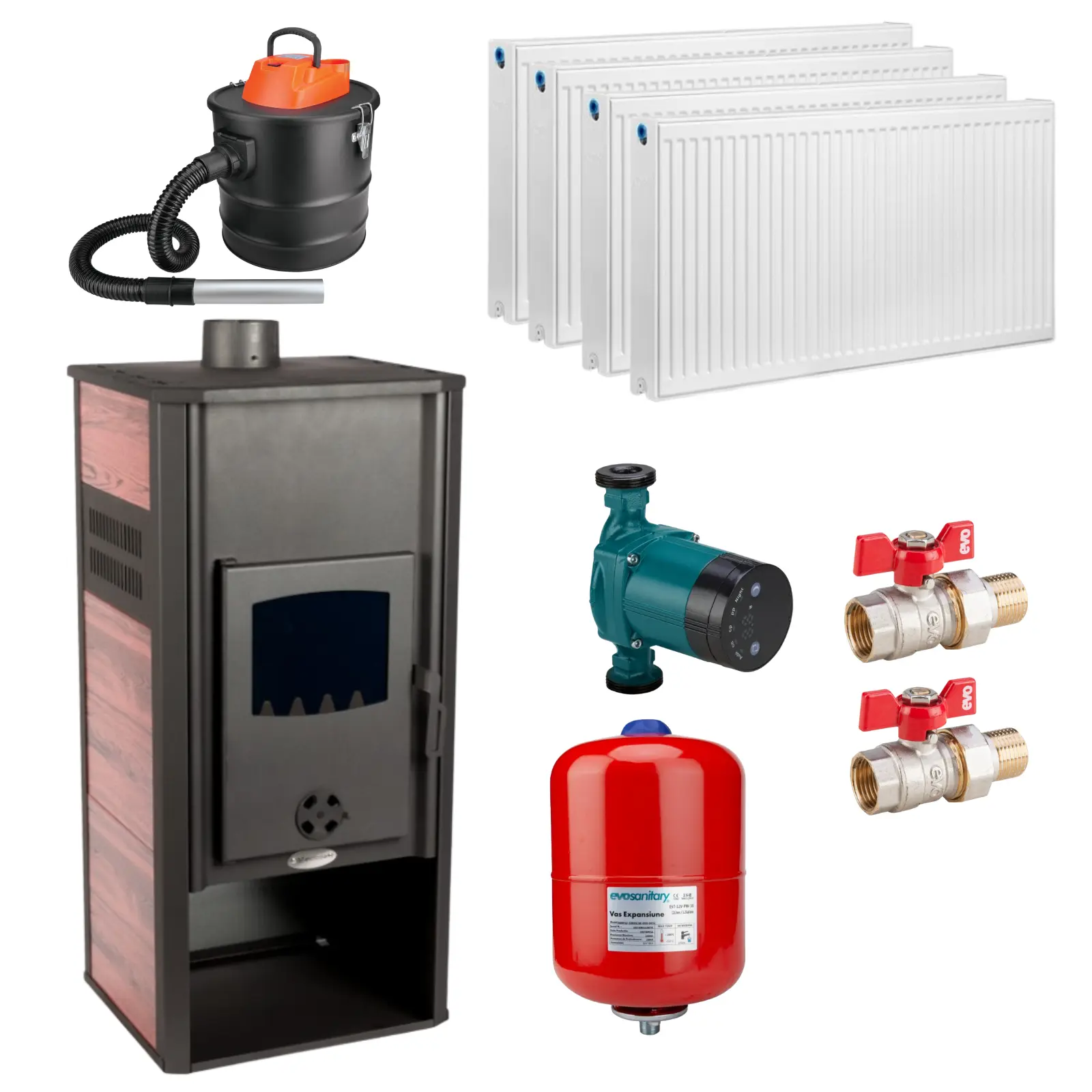 Termosobe pe lemne - Pachet Șemineu termic pe lemne 21.4 kW + 4 calorifere, vas expansiune 24L, pompă circulație și robineți – încălzire completă până la 110 m²