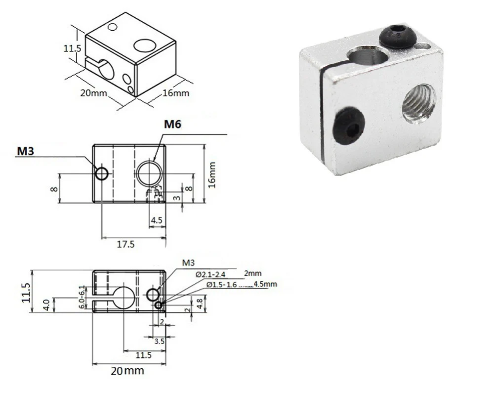 Bloc de incalzire V6 din aluminiu, 20x16x12mm, imprimanta 3D [3]