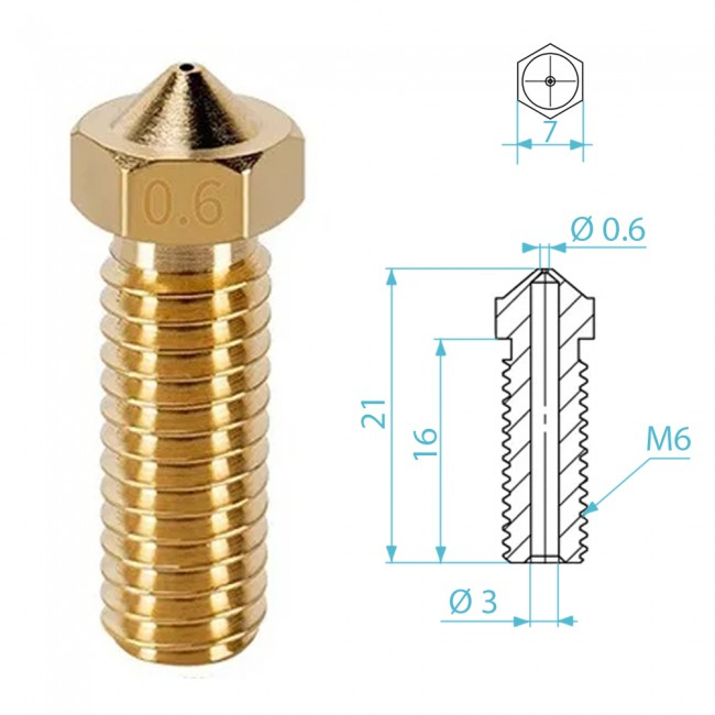 Duza imprimanta 3D Volcano extinsa 0.6mm, alama, filet M6, filament 1.75mm, lungime 40mm [3]