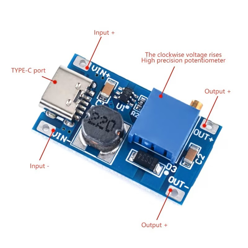 Modul DC-DC step-up ajustabil 2A 2-24V la 28V MT3608, USB type C, Arduino [4]