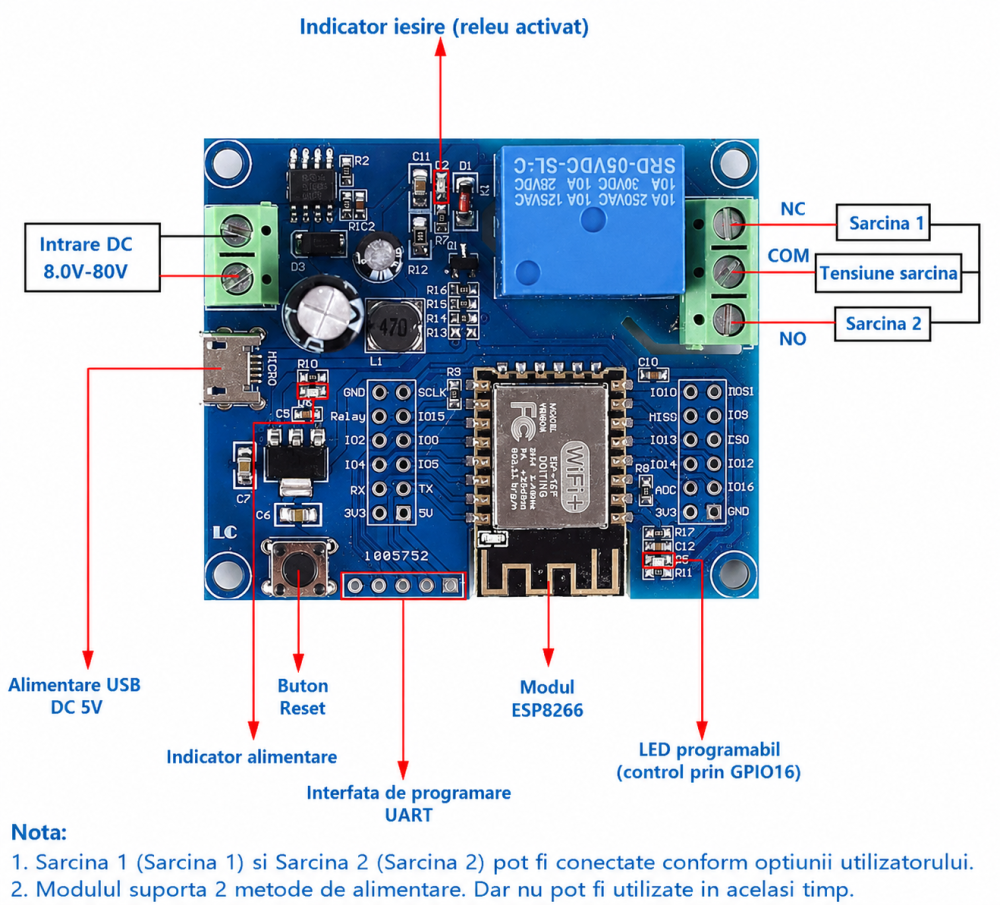 Modul releu WiFi ESP8266, 1 canal, alimentare 5-80V DC, programabil [6]