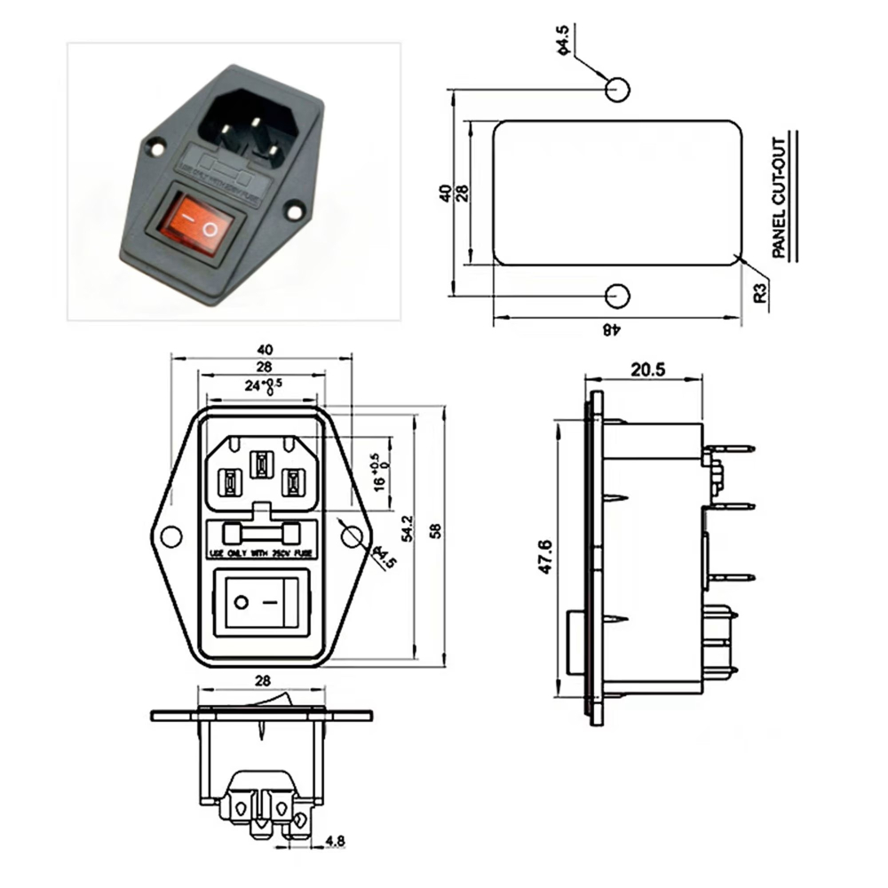 Priza retea IEC C14, 3 pini, 10A, 250V, cu siguranta si intrerupator [2]