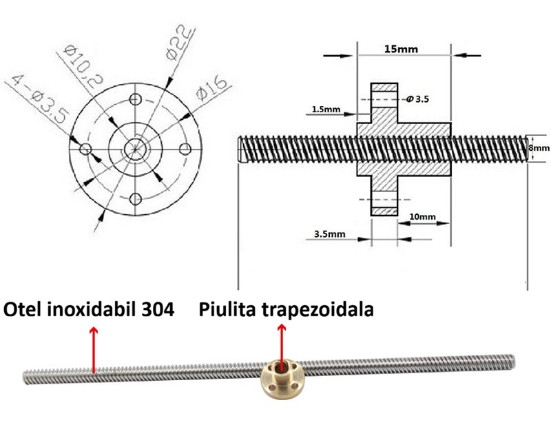 Surub trapezoidal T8 300mm cu piulita, pas 2mm, avans 8mm, imprimanta 3D [4]