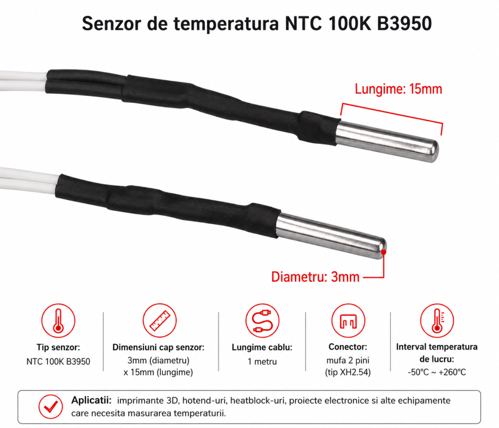 Termistor HT-NTC100K B3950, cablu 1m, mufa 2 pini, imprimanta 3D [3]