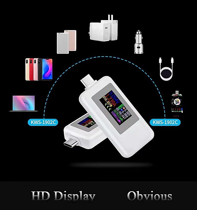Tester USB C, cu afisaj color, KWS-1902C, tensiune, putere, amperaj [2]