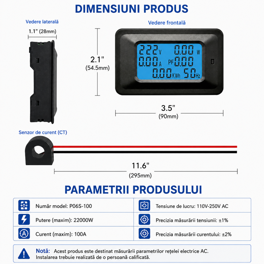 Wattmetru digital AC P06S-100 100A, voltmetru, ampermetru, contor energie, factor putere [5]