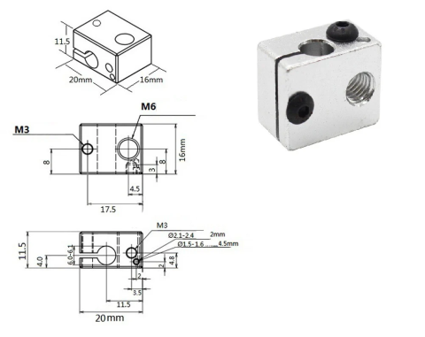 Bloc de incalzire V6 din aluminiu, 20x16x12mm, imprimanta 3D [2]