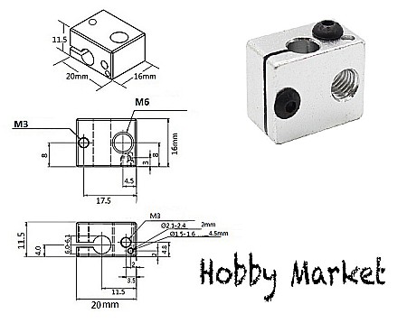 Bloc incalzire imprimanta 3D, V6, 20x16x12mm, aluminiu