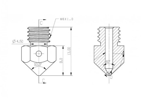 Duza imprimanta 3D MK8, 0.4mm, filament 1.75mm, filet M6, hexagon 10mm, alama [1]