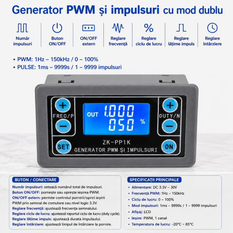 Generator semnal PWM ZK-PP1K 3.3-30V, 1Hz-150kHz, puls reglabil, afisaj LCD [6]