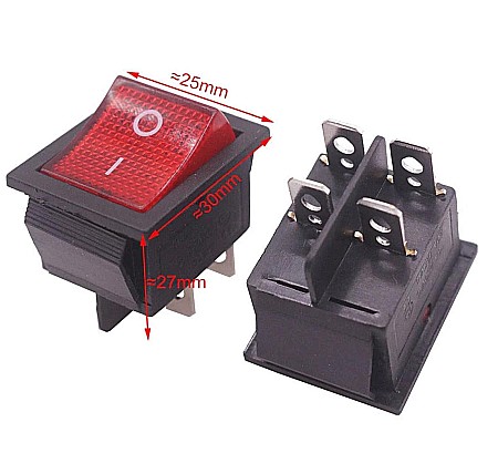 Componente Arduino - Intrerupator KCD4 25*30mm 15A/250V 4 Pini rosu ON / OFF