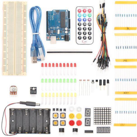 Placi dezvoltare - Kit compatibil Arduino Starter Learning UNO R3 328P cu breadboard, LED-uri si senzori