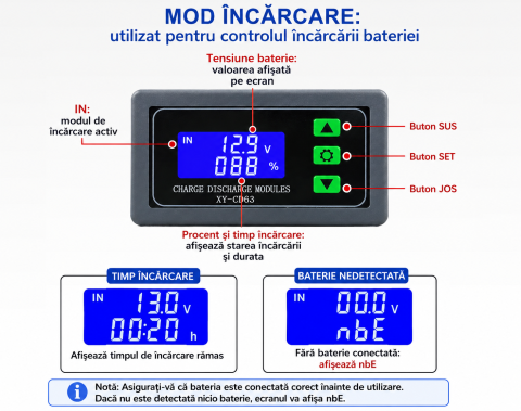 Modul control incarcare descarcare baterii XY-CD63 6-60V 30A, cu carcasa [3]